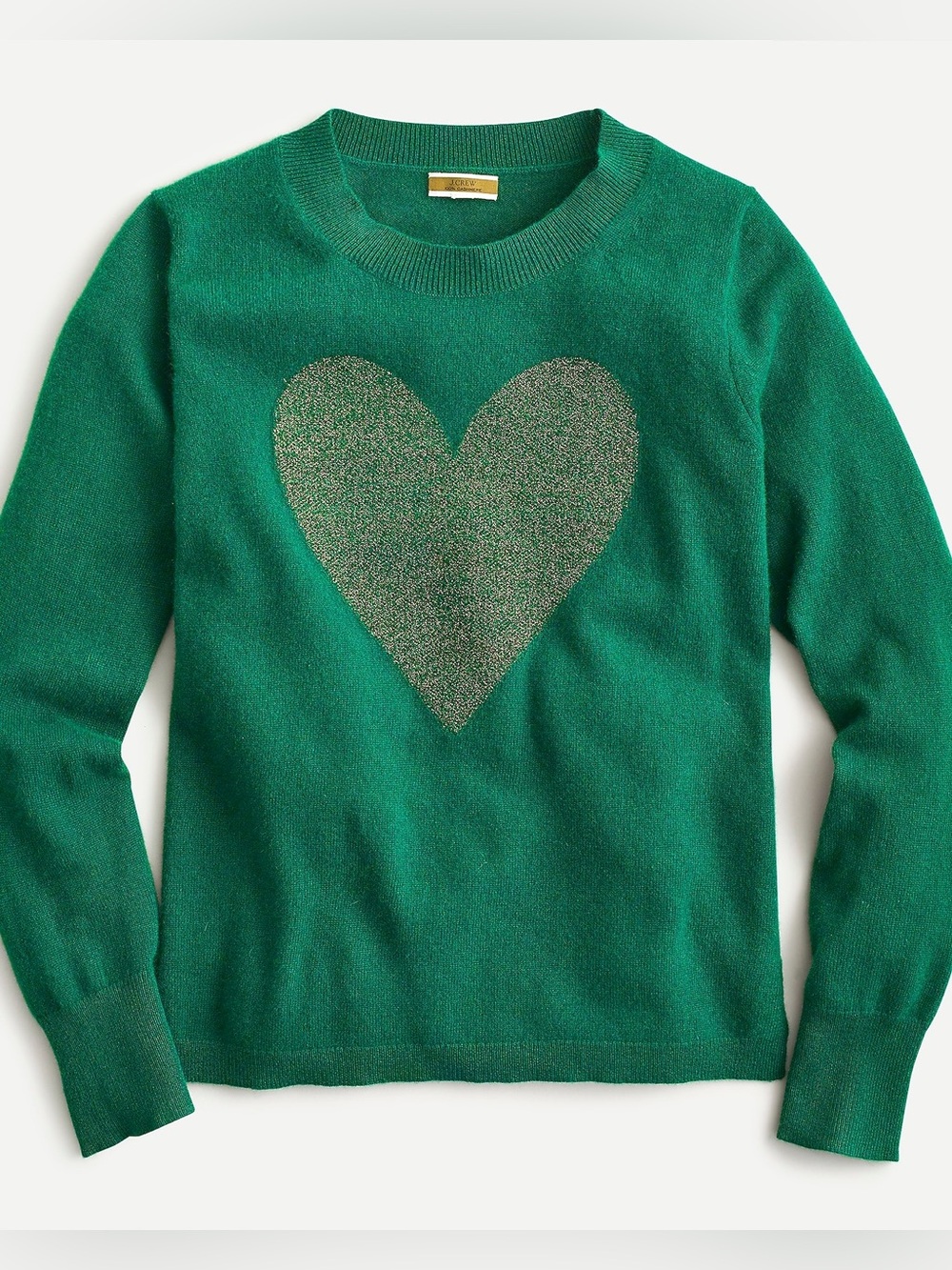 J.Crew Cashmere Crewneck Sweater Lurex® Metallic Heart in Autumn Pine Sparkle M